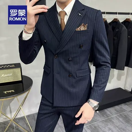 罗蒙双排扣男士英伦西服套装新郎伴郎婚礼修身正装休闲条纹西装图片