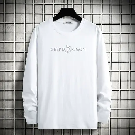 秋季长袖t恤男纯棉白色上衣服宽松内搭打底衫小熊印花全棉体恤衫图片