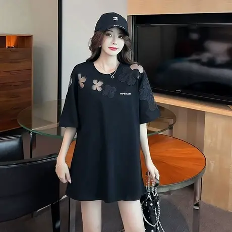 夏装大码黑色胖mm镂空小众宽松连衣裙女时髦设计感短袖裙子200斤商品大图