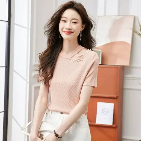 时尚气质短袖针织衫2023年夏季新款淑女温柔甜美圆领显瘦通勤上衣商品大图