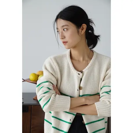 嘉茱莉2023秋季新款条纹针织毛衣外套女薄款开衫上衣圆领针织开衫商品大图