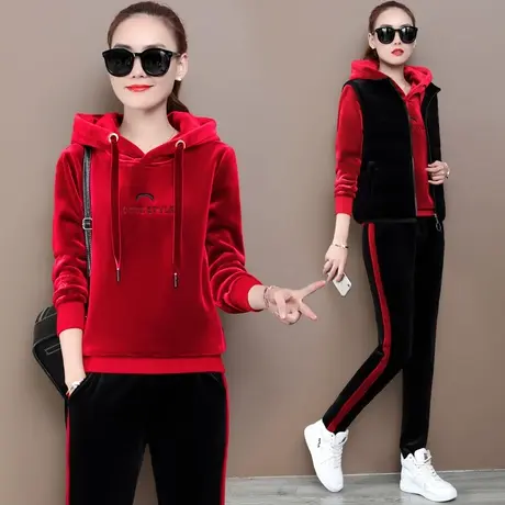 加厚金丝绒卫衣套装女秋冬2022新款时尚宽松加绒休闲运动服三件套图片