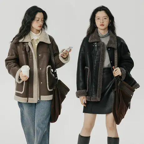 omont仿皮毛一体外套女冬款美式复古羊羔毛机车服加厚夹克短外套图片