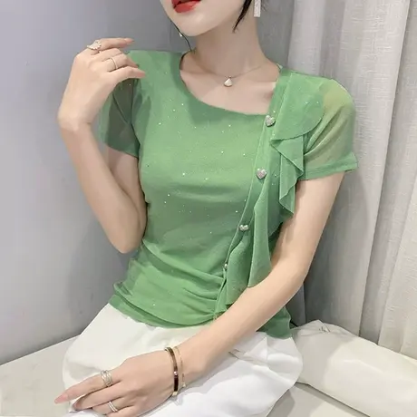 性感网纱荷叶边上衣女洋气不规则设计感t恤2023欧货紧身短袖小衫商品大图