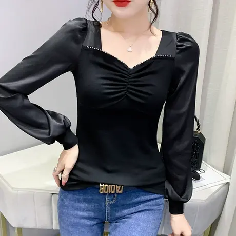 复古法式长袖T恤女2023秋新款时尚泡泡袖上衣钉珠修身内搭打底衫图片