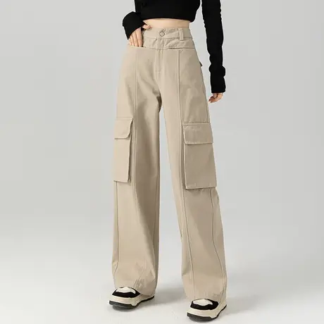 窄版阔腿裤女2023新款秋季卡其色裤子休闲裤宽松直筒裤美式工装裤商品大图