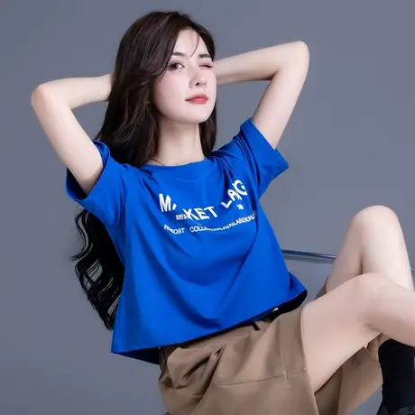 高腰短袖t恤女夏季2023新款时尚短款上衣设计感小众个性克莱因蓝图片