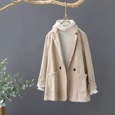 秋季新款文艺范灯芯绒短款西装女长袖宽松短外套上衣休闲条绒女装图片