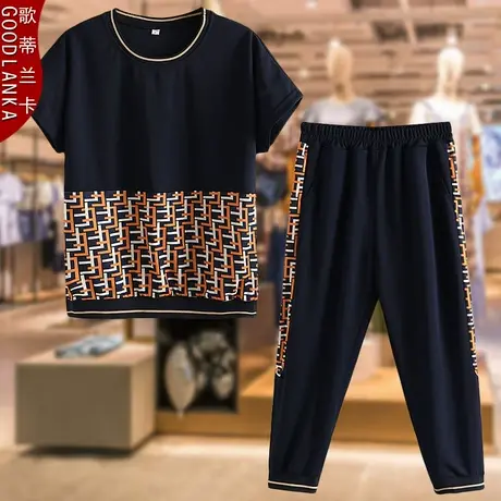 大码中年妈妈夏装运动套装宽松时尚减龄休闲短袖七分裤女士两件套商品大图