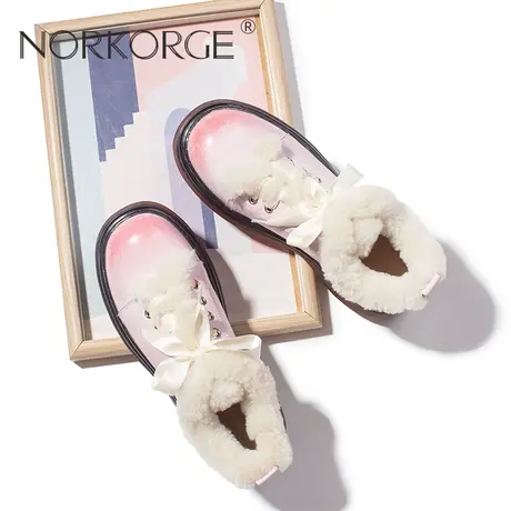 原创新款手工复古甜美粉色羊羔毛系带毛毛鞋女鞋真皮圆头平底鞋QC图片