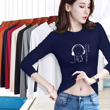 藏蓝色打底衫女2023年春秋季圆领内搭中老年妈妈长袖中领t恤上衣商品大图