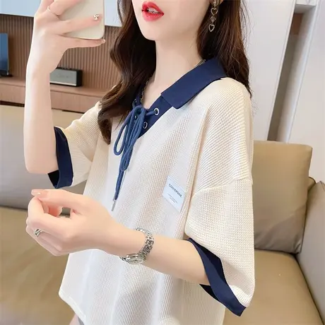 小众设计感短袖t恤女夏季韩版宽松大码polo领撞色小个子半袖上衣图片