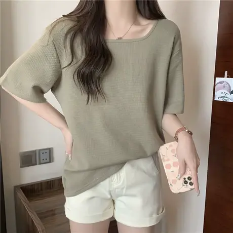 华夫格短袖T恤女夏装韩版宽松显瘦百搭方领打底衫半袖上衣服潮ins商品大图