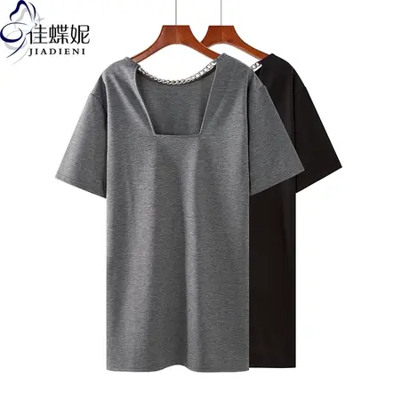 夏季新款圆领宽松大码中长款戴项链美背外穿纯色韩版短袖上衣女装商品大图