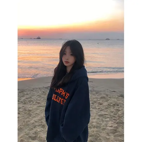 oversize设计感连帽印花字母卫衣女秋冬季加绒加厚潮ins宽松外套图片