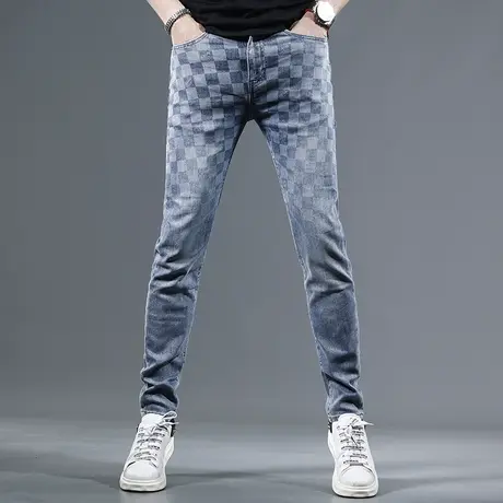 夏季新款牛仔裤男潮牌蓝色修身小脚时尚潮流男士弹力薄款休闲长裤商品大图