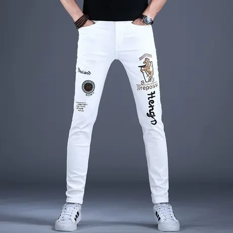 男士刺绣白色牛仔裤男夏季男款轻奢潮牌2023新款休闲裤子男生夏天商品大图