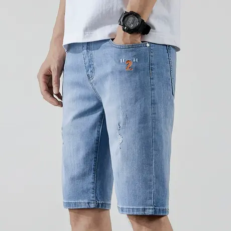 夏季薄款乞丐破洞休闲牛仔短裤男士外穿潮牌2023年新款五分中裤子图片