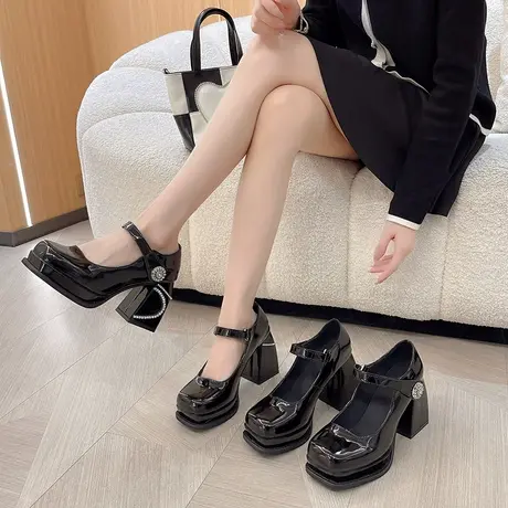 法式复古水钻粗跟玛丽珍鞋春方头漆皮厚底甜酷晚晚风温柔高跟单鞋商品大图