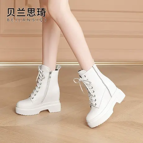 真皮水钻厚底内增高马丁靴女秋冬季新款白色防水台坡高跟短靴图片