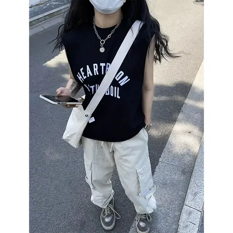 纯棉吊带运动坎肩背心无袖t恤女夏季外穿篮球服宽松港风挂脖上衣商品大图
