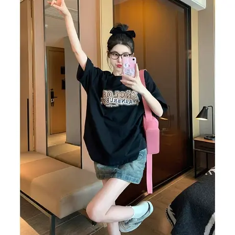 黑色短袖t恤女新款夏季大码胖mm宽松美式休闲半袖时髦上衣2-300斤商品大图