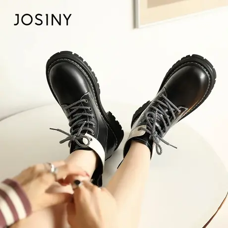 Josiny/卓诗尼圆头粗跟加绒保暖短筒靴秋冬新款复古厚底马丁靴女商品大图