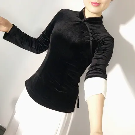中国风秋长袖改良丝绒保暖旗袍上衣 中式加绒修身盘扣唐装两件套商品大图
