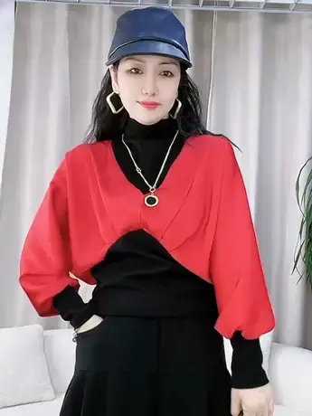 早秋新款长袖2023修身显瘦T恤拼色设计感别致打底上衣百搭韩版潮商品大图