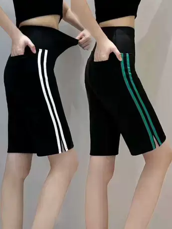 夏季新款侧边条纹百搭休闲显瘦高腰直筒鲨鱼库时尚修身外穿芭比裤商品大图