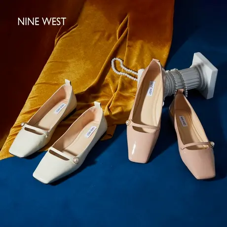 Nine West/玖熙通勤平底牛漆皮玛丽珍鞋女2025夏季新款小方头浅口图片