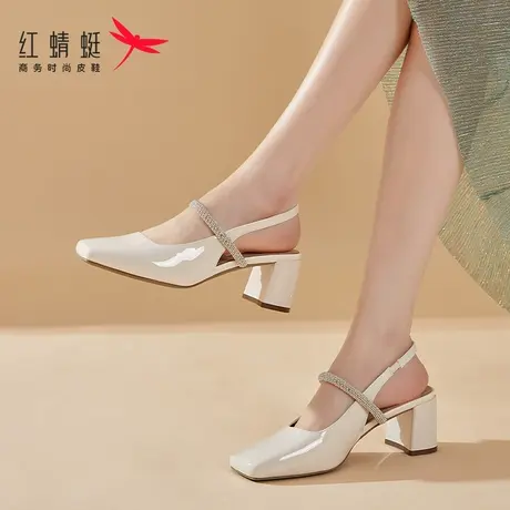 红蜻蜓高跟漆皮亮面粗跟方头女士仙女包头时装凉鞋女2025新款夏季图片