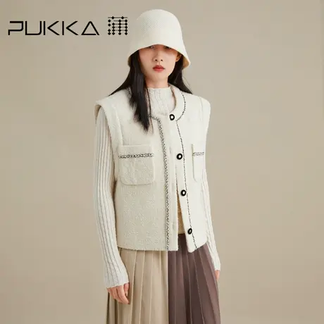 蒲PUKKA 法式小香风粗花呢马甲圆领双口袋单排扣呢子小外套女图片