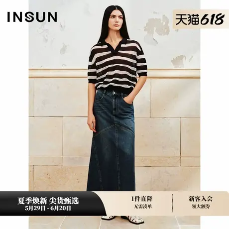 INSUN恩裳专选夏季破骨缝拼接长绒棉牛仔半身裙图片