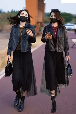 2023新款秋冬机车小皮衣短款外套网纱半身裙两件套装韩版PU皮夹克商品大图