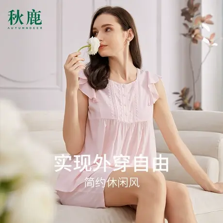 秋鹿梭织人造棉睡衣女款夏季纯色简约无袖上衣五分裤家居服女夏款商品大图