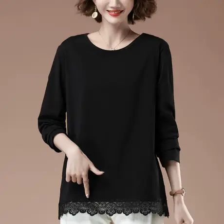 加肥加大码长袖t恤女春秋新款中年妈妈纯棉蕾丝拼接显瘦打底衫女商品大图