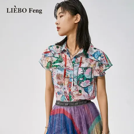 裂帛LIEBOFeng2023夏国潮原创设计复古印花雪纺飞飞袖粉色蕾丝衫图片