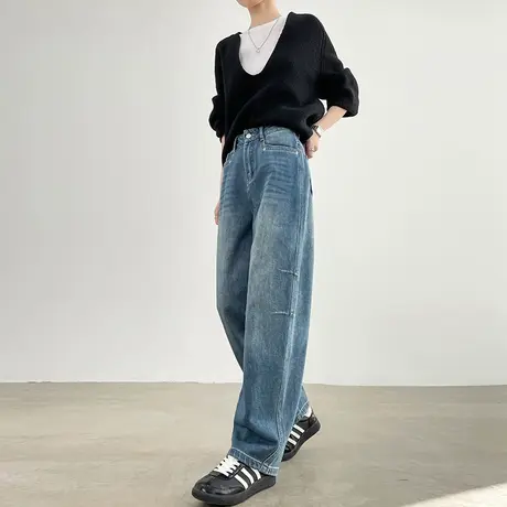 直筒牛仔裤女2025春秋新款高腰宽松显瘦蓝色百搭垂感阔腿弯刀裤子商品大图