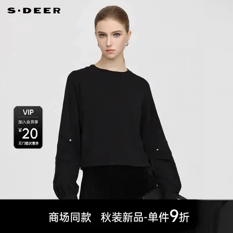 【商场同款】sdeer圣迪奥女时尚圆领抽褶拼接宽松卫衣S25383318商品大图