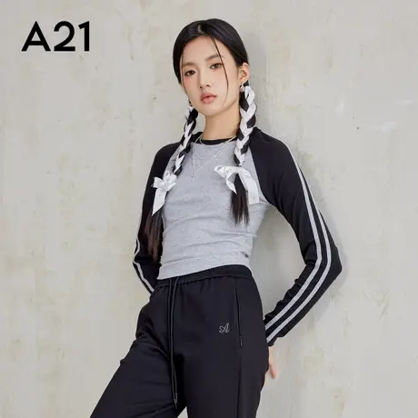A21女装针织修身圆领套头长袖T恤斜纹插肩撞色条纹袖拼接上衣打底商品大图