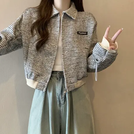 POLO领开衫短款长袖外套女春秋季百搭宽松高级感韩版棒球服上衣潮商品大图