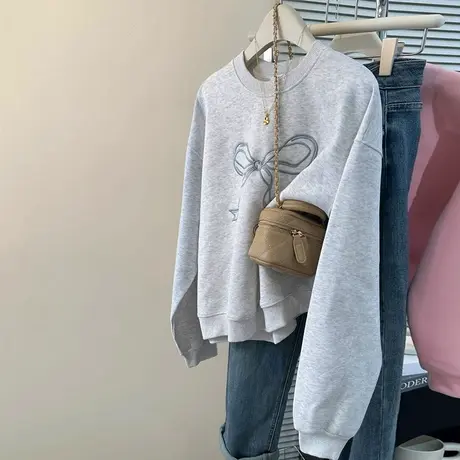 韩系高级感圆领无帽卫衣女春秋季薄款宽松韩版蝴蝶结刺绣长袖上衣商品大图