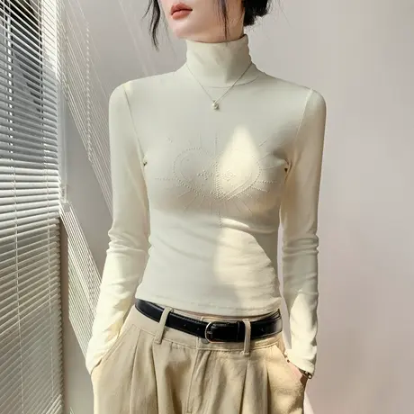 歌倍尚爱心烫钻高领长袖T恤女秋季新款修身显瘦别致小众正肩上衣商品大图