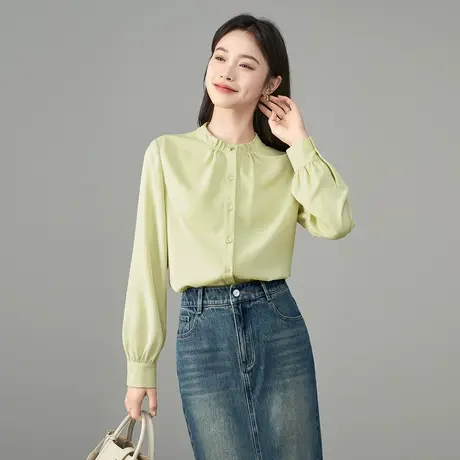 娅丽达法式气质木耳边通勤长袖衬衫女2025秋季新款立领绿色衬衣图片
