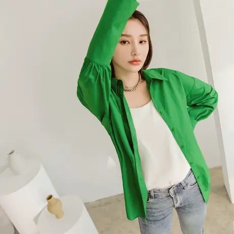 桔熊秋季复古翻领开衩泡泡袖宽松多巴胺衬衫上衣女装大码AB17733商品大图