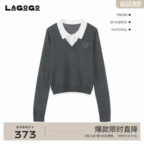 LAGOGO撞色翻领长袖针织衫女拉谷谷2025年秋季新款毛衫OCMM458D22商品大图