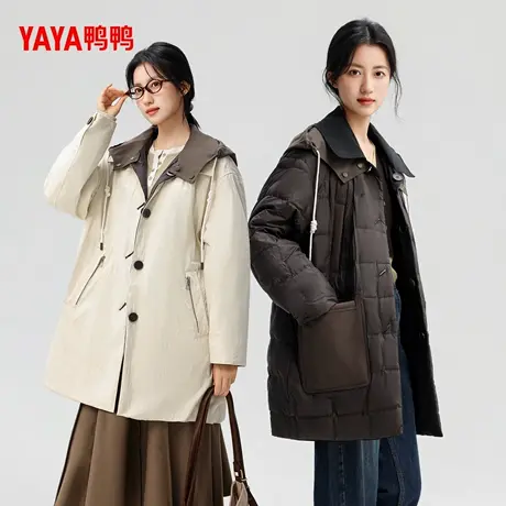 【鸭鸭甄选】巴恩风羽绒服女2025秋冬新品时尚拼色双面穿保暖外套商品大图