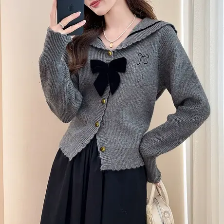 唐狮秋冬毛衣外套女复古海军领蝴蝶结装饰针织开衫高级感上衣tu图片