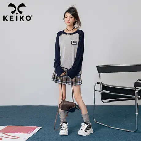 KEIKO 拼色插肩袖针织衫女2023秋季美式复古宽松薄款内搭打底上衣商品大图